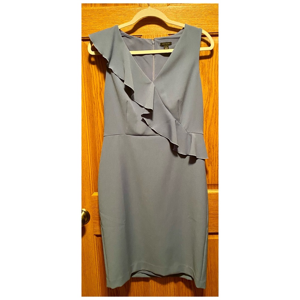Ann Taylor Ruffle Doubleweave Sheath Dress, Light Or Cornflower Blue, Size 8
